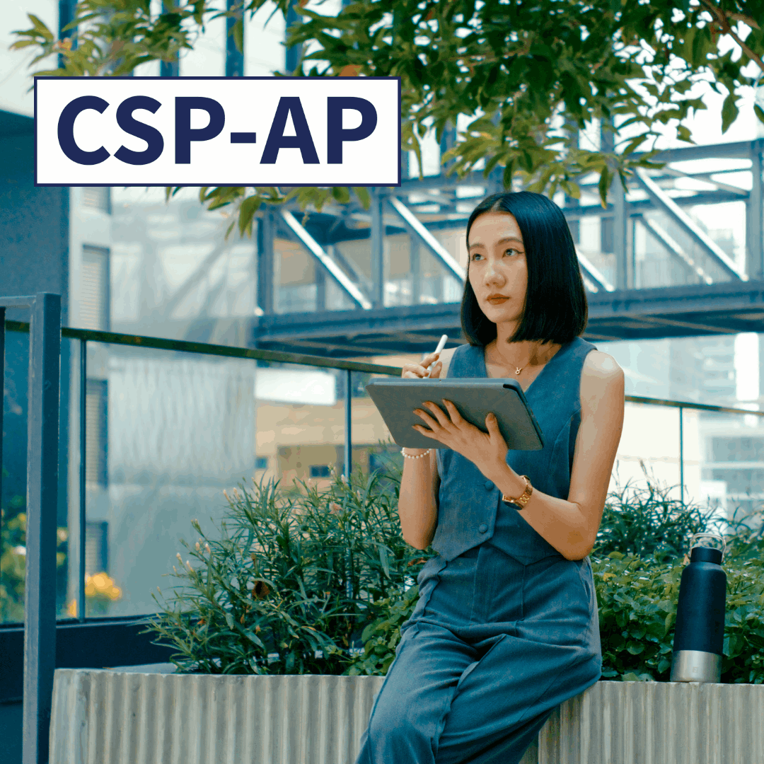 Woman looking off while in front of building and greenery. CSP-AP logo in top left