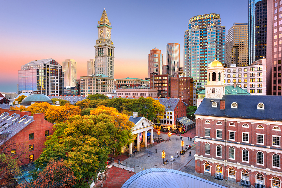 Downtown Boston, Massachusetts with old and new buildings colorfully blended together