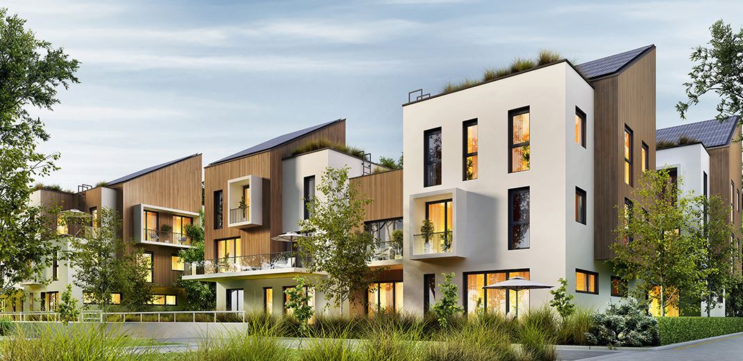 Residential buildings surrounded by greenery